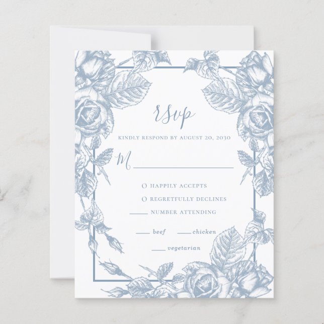 Budget Damblå Blommig Bröllop RSVP-kort (Framsida)