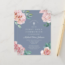 Budget Damblå Blommiga Peonies Första Kommunion