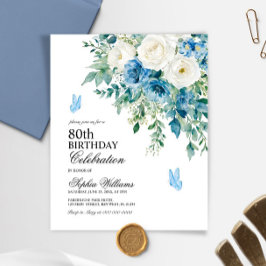 Budget Damblå Blommor 80-års Födelsedagsinbjudan