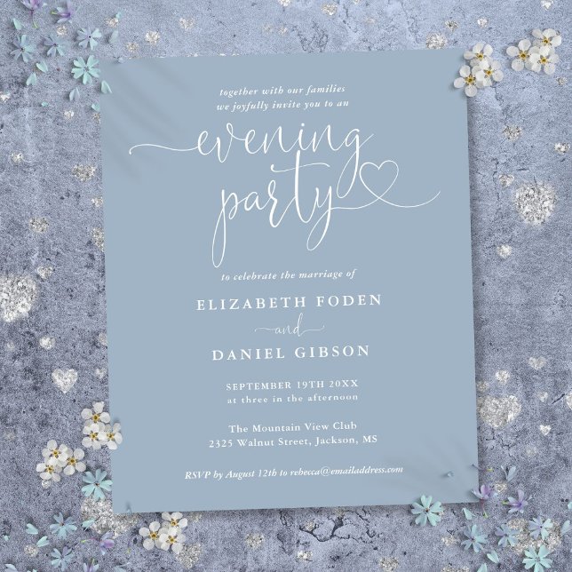 Budget Damblå Kvälls Parti Bröllopsinbjudan (Budget Dusty Blue Evening Party Wedding Invite)