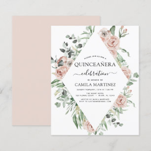 Budget Damig rosa Quinceañera Blommig Inbjudan
