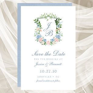 Budget Dammig blå blommig vapensköld Save the Date