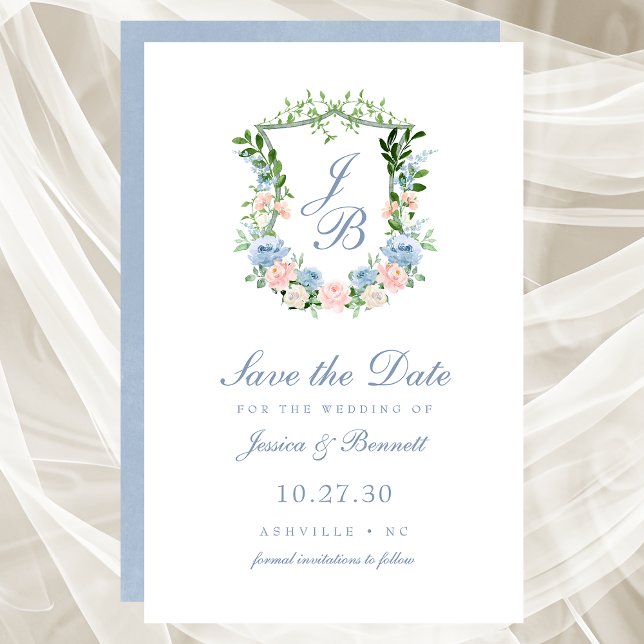 Budget Dammig blå blommig vapensköld Save the Date (Skapare uppladdad)