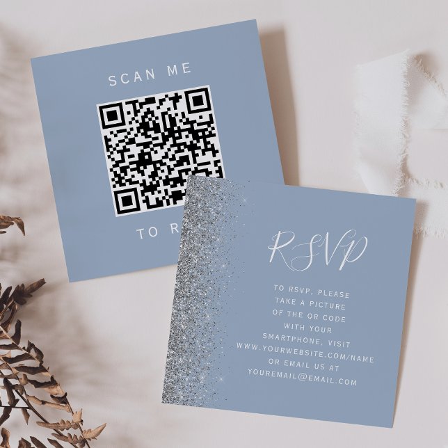Budget Dammig blå silver bröllop QR-kod RSVP Tilläggskort (Skapare uppladdad)