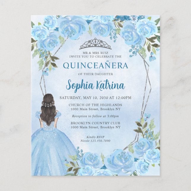 Budget Dammig blågrå blommig prinsessa Quinceañera (Framsida)