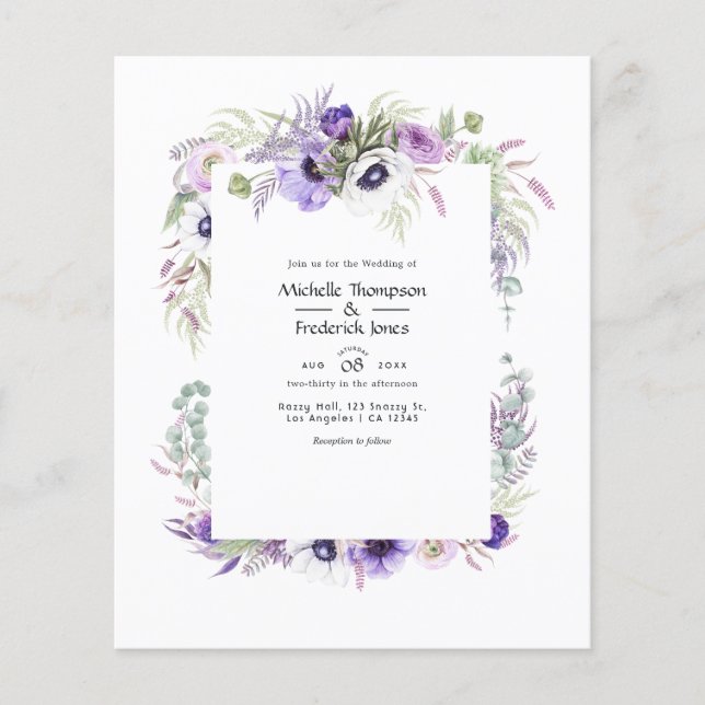 Budget Dammig Violett Bröllop Vattenfärg Blommig Flygblad (Framsidan)