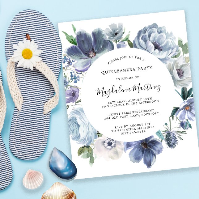Budget Dammt blå Blommig Quinceanera-inbjudan (Skapare uppladdad)