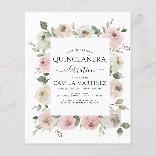 Budget Dammt Rosa Quinceañera Blommor Grönska Flygblad (Framsidan)