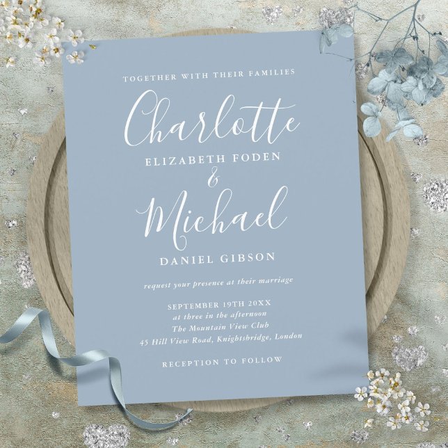 Budget Dammtor Blå Bröllopsinbjudan (Budget Dusty Blue Script Wedding Invitation)