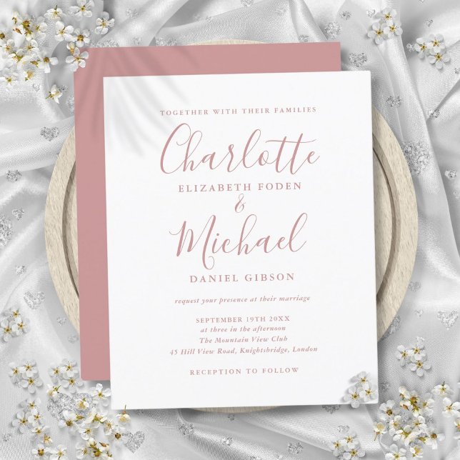 Budget Dammtrosa Bröllopsinbjudan i Scriptstil (Budget Dusty Rose Script Wedding Invitation)
