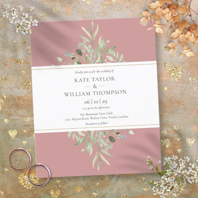 Budget Damrosa Grönska Bröllopsinbjudan (Budget Dusty Rose Greenery Wedding Invitation)
