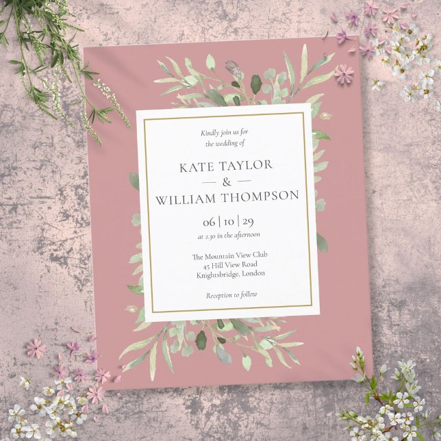 Budget Damrosa Grönska Bröllopsinbjudan (Budget Dusty Rose Greenery Wedding Invitation)