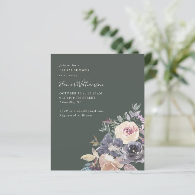Budget Dark Sage Watercolor Blommig Bröllopsdusch  (Stående Fram)