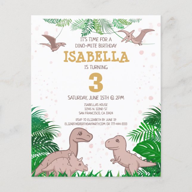 Budget Dinosaur Kids Dino Girl Birthday-inbjudan Flygblad (Framsidan)