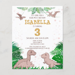 Budget Dinosaur Kids Dino Girl Birthday-inbjudan Flygblad