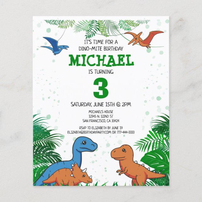 Budget Dinosaur Kids Dino Trex födelsedagsinbjudan Flygblad (Framsidan)