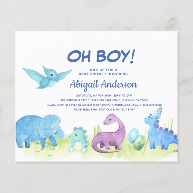 BUDGET Dinosaur Oh Boy Baby Shower-inbjudan Flygblad (Framsidan)