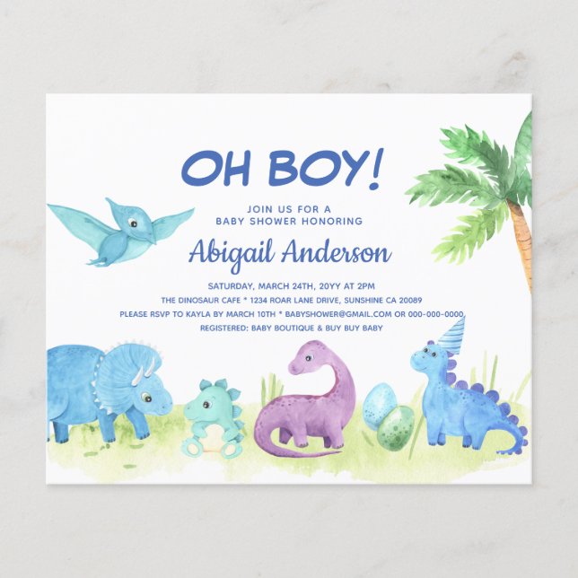BUDGET Dinosaur Oh Pojke Baby Shower Inbjudan (Framsida)