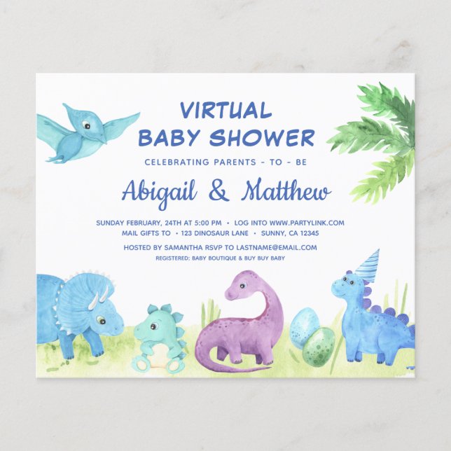 BUDGET Dinosaur Virtuell Baby Shower Inbjudan  (Framsida)