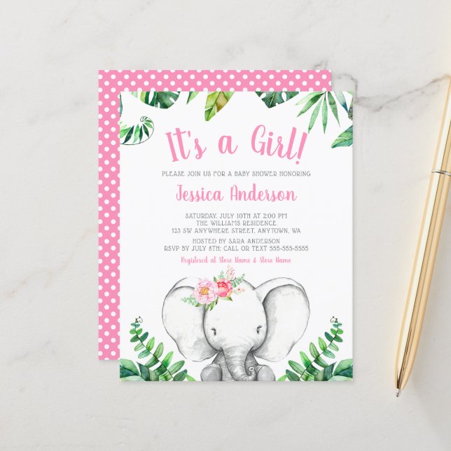 Budget Djungel Elefant Flicka Rosa Baby Shower (Fram/Back In Situ)