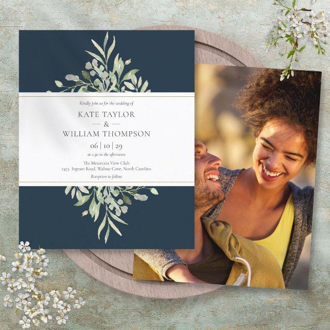 Budget Djupblå Grönska Bröllopsfoto Inbjudan (Budget Deep Sea Blue Greenery Wedding Photo Invite)