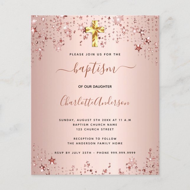 Budget dopning roséguld stjärnor flicka inbjudan (Framsida)