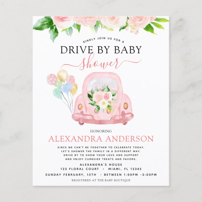 Budget Drive By Baby Shower Blush Rosa Blommig Flygblad (Framsidan)