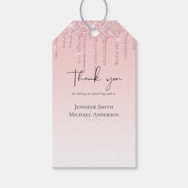 BUDGET Droppande rosa glitterbröllop Presentetikett (Framsidan)