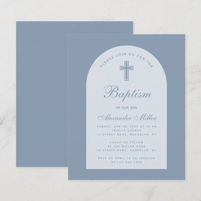 Budget Dusty Blue Arch Boy Baptism-inbjudan (Fram/baksida)