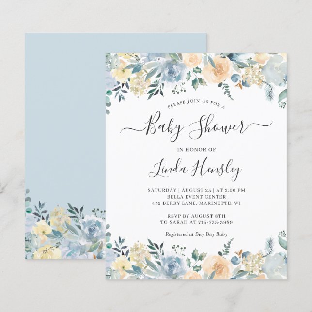 Budget Dusty Blue Blommig Barnkal Invitation (Fram/baksida)