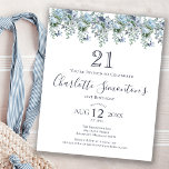 Budget Dusty Blue Blommigt 21:a födelsedagsinbjuda<br><div class="desc">En dammig blå peony och vilda blommor dekorerar en söt-födelsedagsinbjudan. Modern kalligrafi lägger till Boho Vibe.</div>