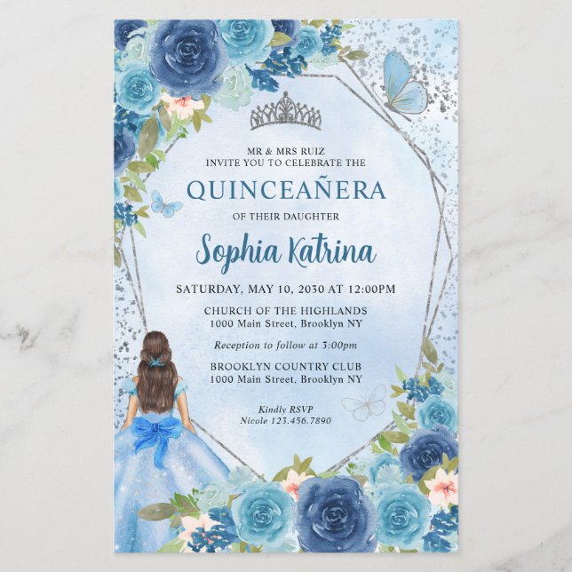 Budget Dusty Blue Blommigt Grått Princess Quinceañ (Framsida)