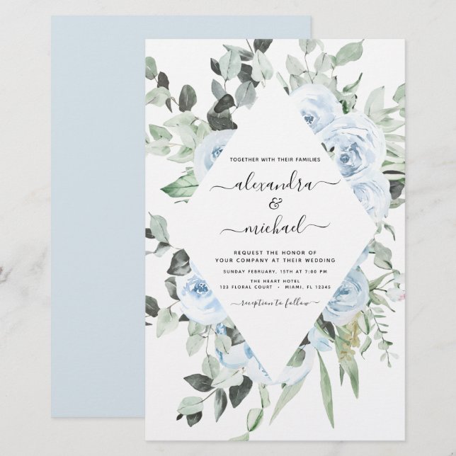 Budget Dusty Blue Blommigt Greenery Bröllop (Fram/baksida)