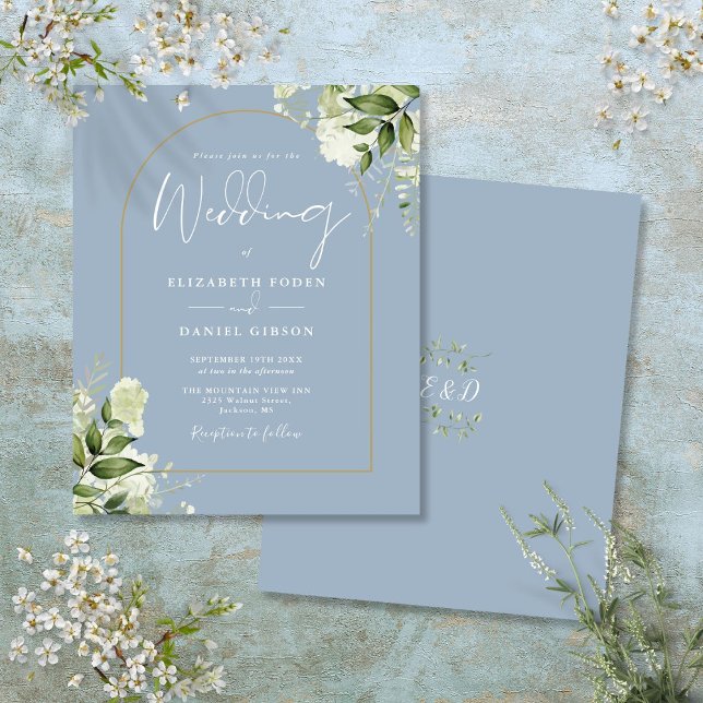 Budget Dusty Blue Blommigt Guld Arch bröllopsinbju (Budget Dusty Blue Floral Gold Arch Wedding Invite)