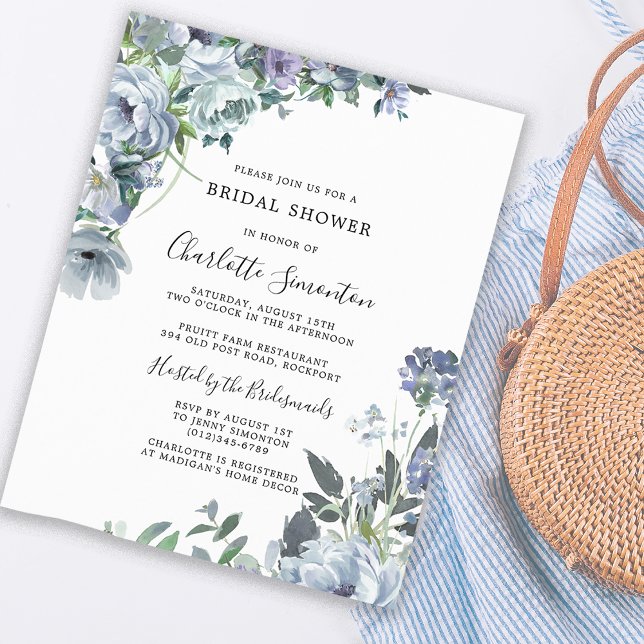 Budget Dusty Blue Blommigt Inbjudningskort för möh (Great Bridal Shower Invitation Style at Affordable Prices)