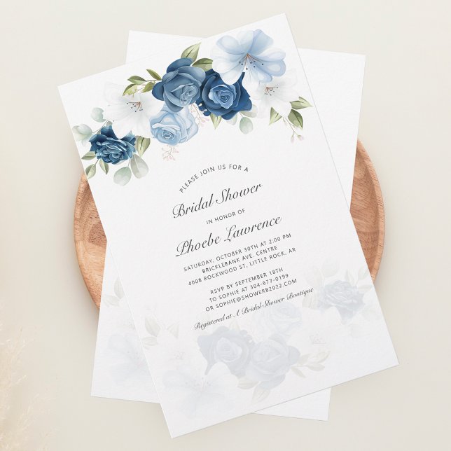 Budget Dusty Blue Blommigt Inbjudningskort för möh Brevpapper (Elegant Dusty Blue Floral Bridal Shower Invitation Stationery)
