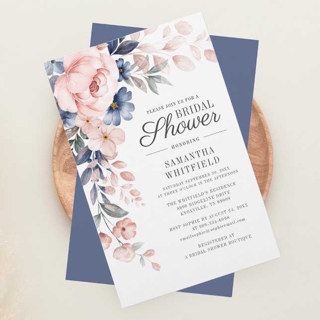Budget Dusty Blue Blommigt Inbjudningskort för möh Brevpapper (Blush Pink Floral Script Bridal Shower Invitation Stationery)