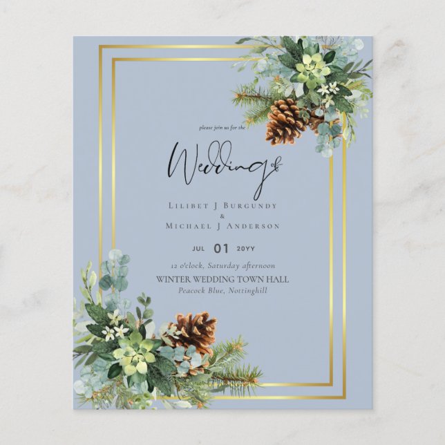 BUDGET Dusty Blue Bröllop Eucalyptus Greenery Flygblad (Framsidan)