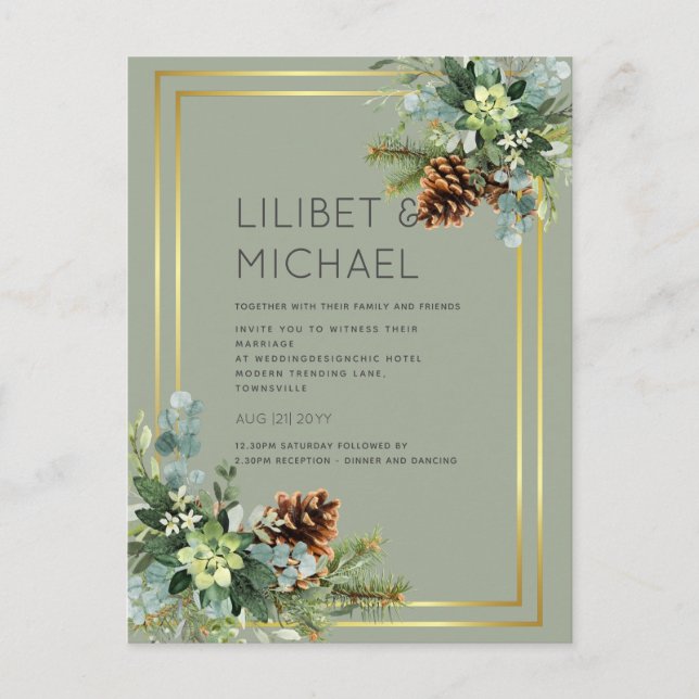BUDGET Dusty Blue Bröllop Eucalyptus Greenery Vykort (Framsida)