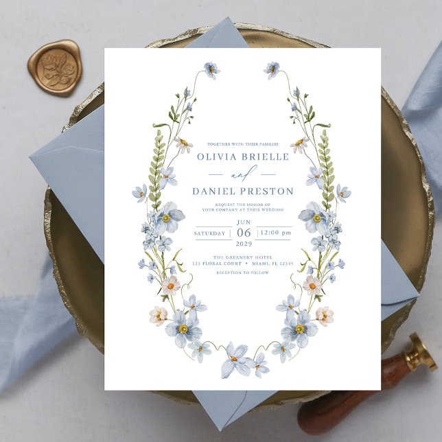 Budget Dusty Blue Elegant bröllop-inbjudan Flygblad (Skapare uppladdad)
