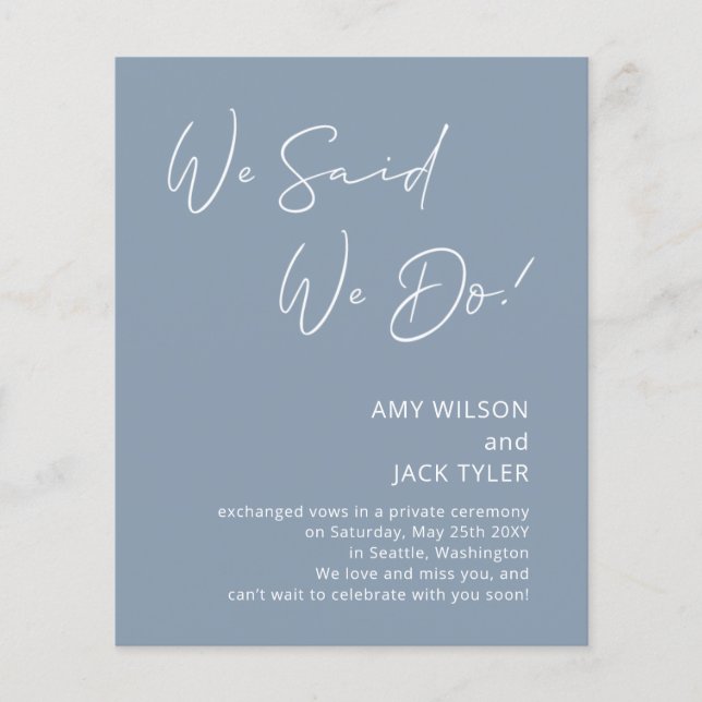 Budget Dusty Blue Elopement Notification (Framsida)