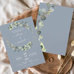 Budget Dusty Blue Eucalyptus bröllopsinbjudningar Flygblad