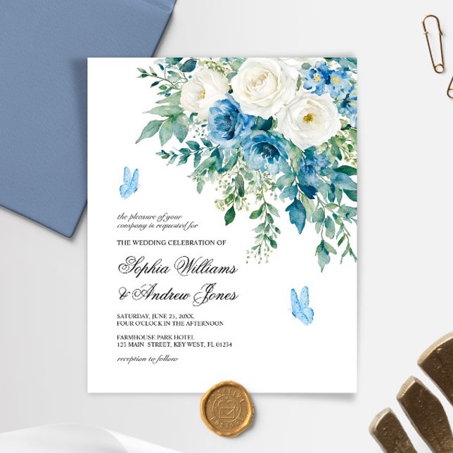 Budget Dusty Blue Flowers Wedding Invitation (Skapare uppladdad)