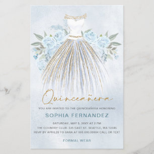 Budget Dusty Blue Guld Dress Quinceañera Inbjudan
