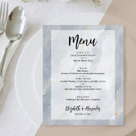 Budget Dusty Blue Guld Marble Bröllop Menu Flygblad