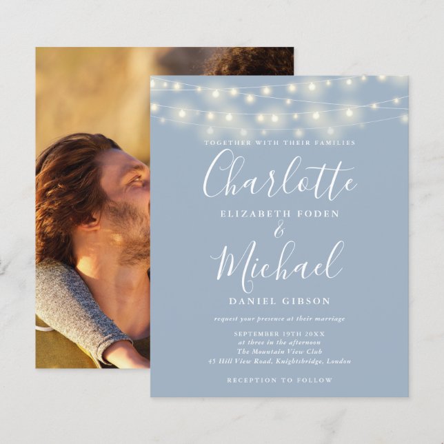 Budget Dusty Blue Ljus Photo Wedding bjudande (Fram/baksida)