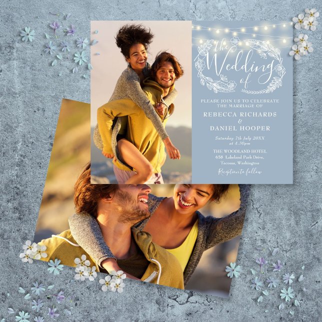 Budget Dusty Blue Ljusstakar 2 Foto Bröllopsinbjud (Budget Dusty Blue Lights 2 Photo Wedding Invite)