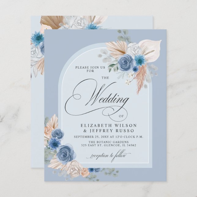Budget Dusty Blue Pampas Wedding bjudande (Fram/baksida)