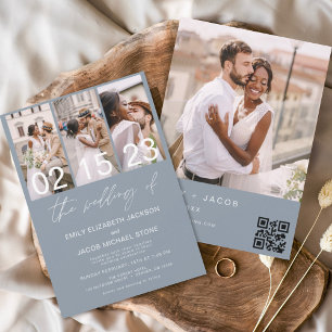 Budget Dusty Blue Photo QR-kod Bröllopsinbjudan Flygblad