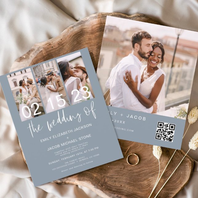 Budget Dusty Blue QR Code Wedding bjudande (Skapare uppladdad)